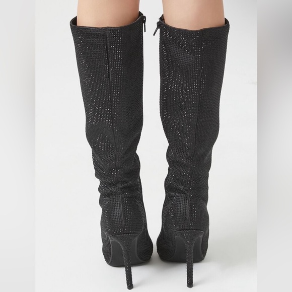 Black Rhinestone Knee High Boots - Picture 3 of 8